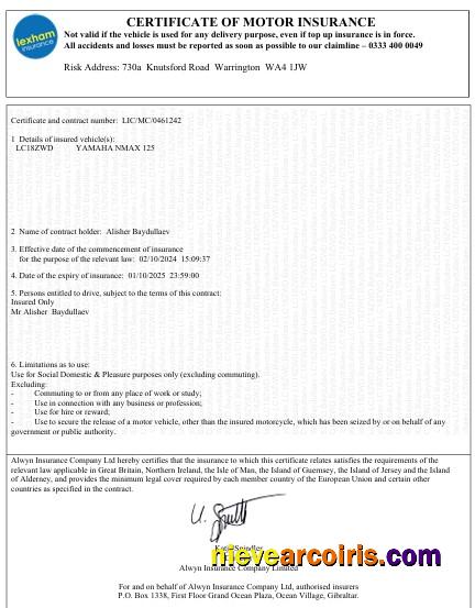 UK Certificate of Motor Insurance